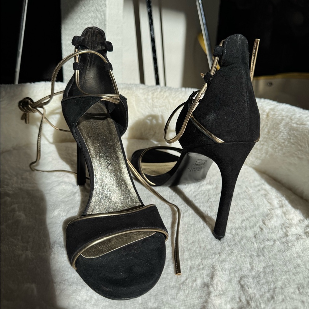Stuart Weitzman Black and Gold Open-Toe Stiletto Sandals